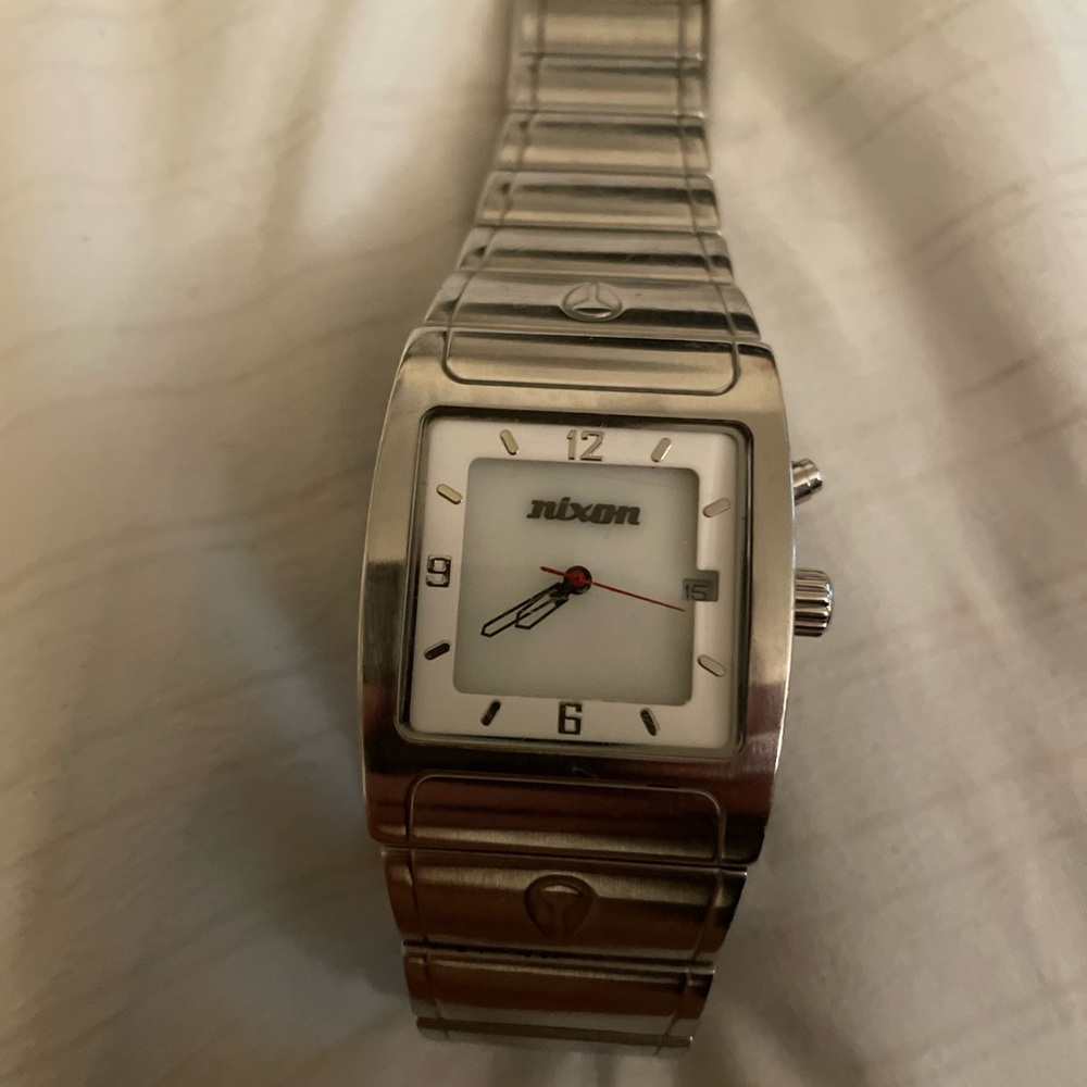 Nixon Silver Rectangular Watch with White Face